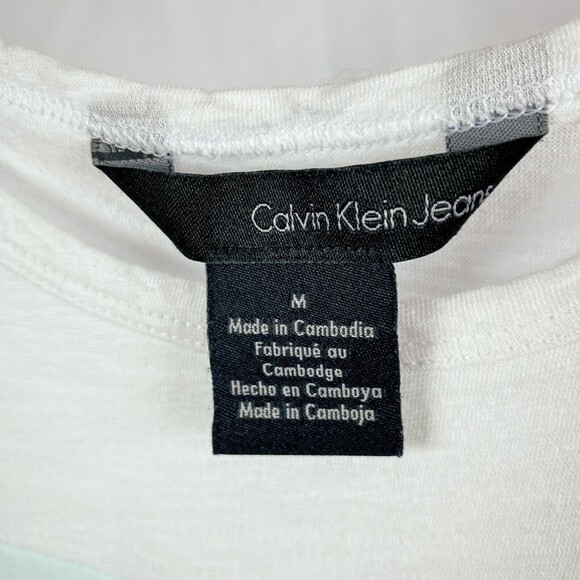 Calvin Klein Jeans White Aqua Blue Colorblock Cap Sleeve Top - Picture 3 of 12